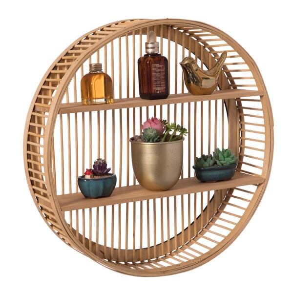 Vintiquewise Decorative Rattan Round Display Shelf With 2 Shelves for The Dining Room, Living Room, or Office. QI004514 - main